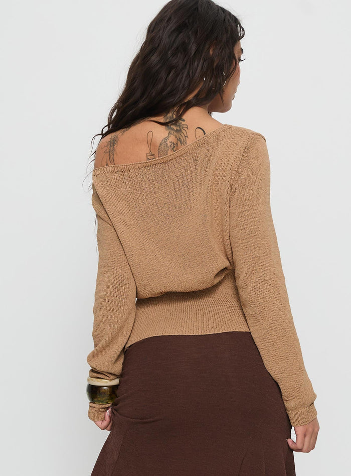 back view of model wearing Princess Polly Xaria Off Shoulder Knit Sweater Tan
