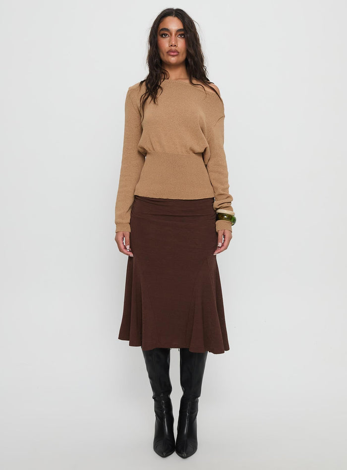 front view of model wearing Princess Polly Xaria Off Shoulder Knit Sweater Tan