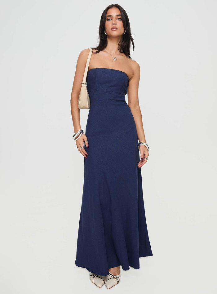 front view of model wearing Princess Polly Yahir Strapless Maxi Dress Navy Straight Neck