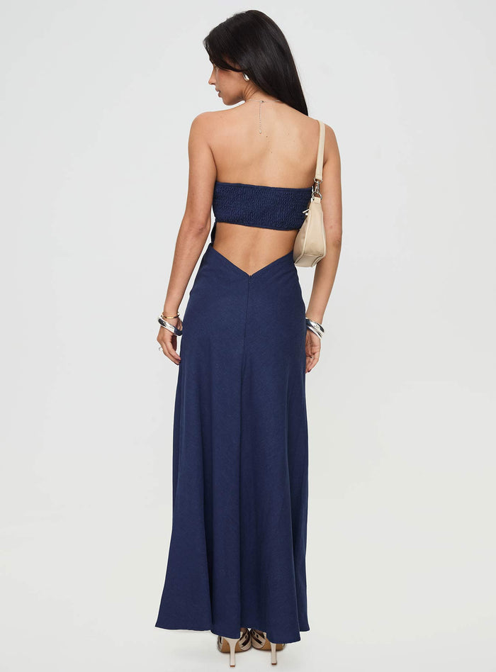 back view of model wearing Princess Polly Yahir Strapless Maxi Dress Navy Straight Neck