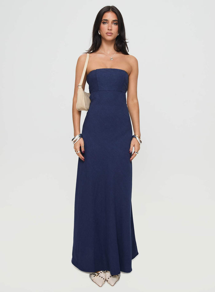 side view of model wearing Princess Polly Yahir Strapless Maxi Dress Navy Straight Neck