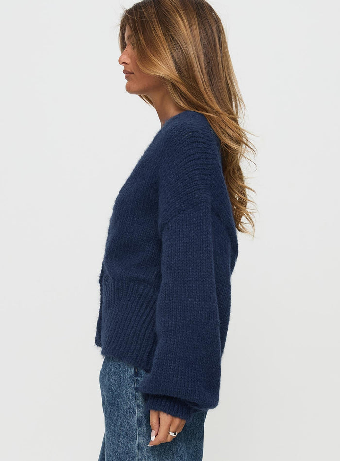 side view of model wearing Princess Polly Yasmyn Knit Cardigan Royal Blue Long