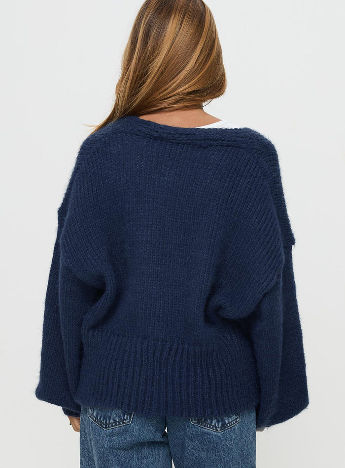 back view of model wearing Princess Polly Yasmyn Knit Cardigan Royal Blue Long