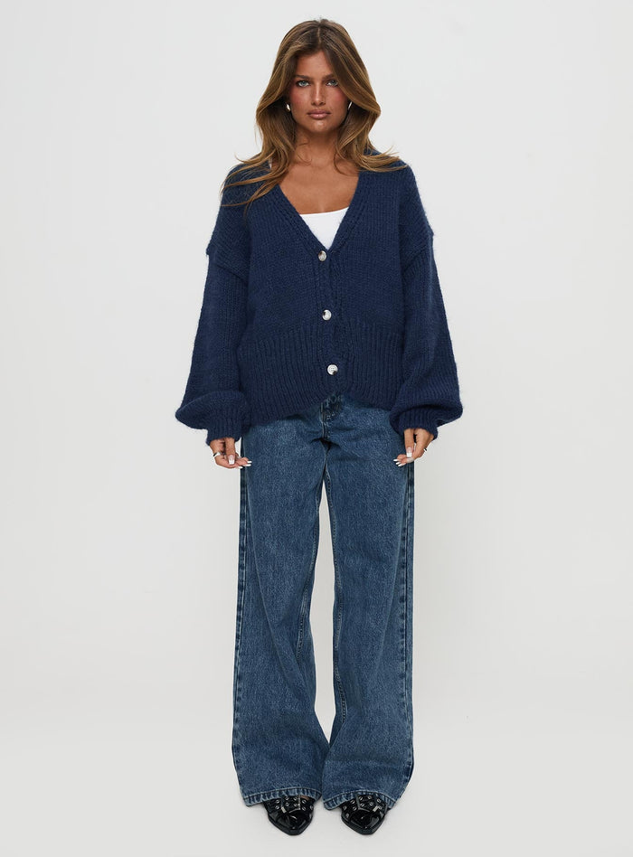 back view of model wearing Princess Polly Yasmyn Knit Cardigan Royal Blue Long