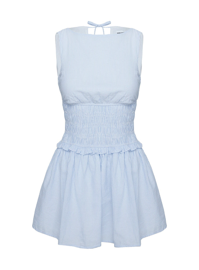 back view of model wearing Princess Polly Yennifer Shirred Mini Dress Blue / White Crew Neck