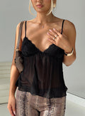 front view of model wearing Princess Polly Zami Pleat Top Black Sleeveless V-Neck