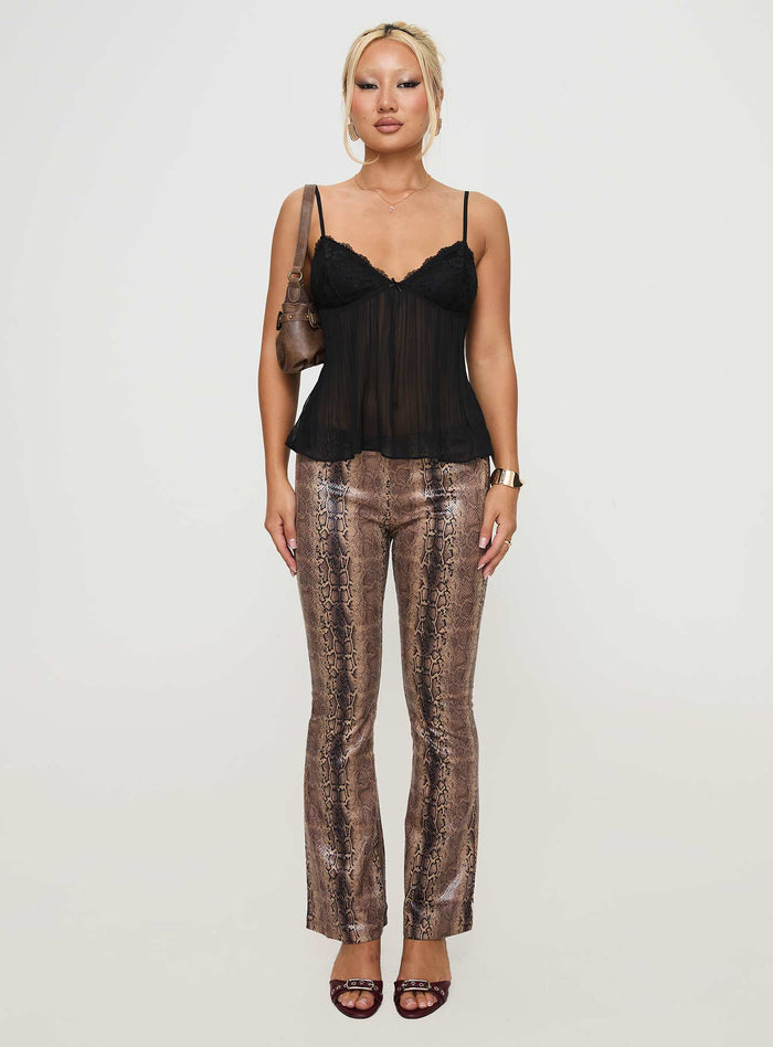 front view of model wearing Princess Polly Zami Pleat Top Black Sleeveless V-Neck