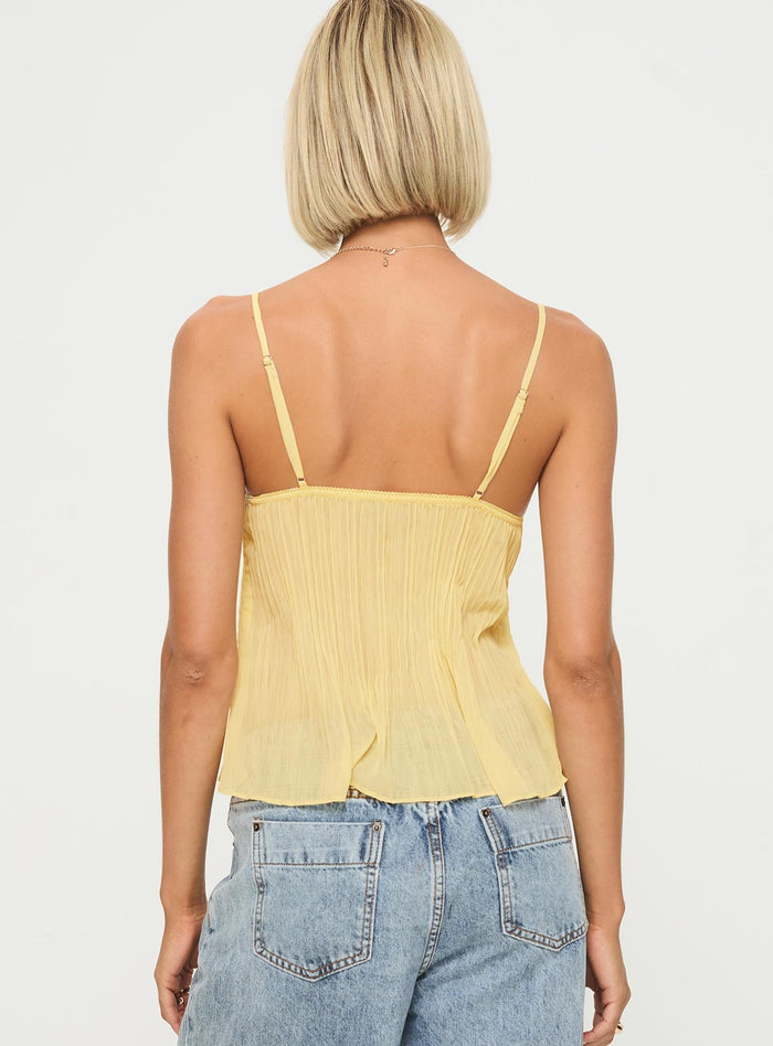 back view of model wearing Princess Polly Zami Pleat Top Lemon Sleeveless Plunger
